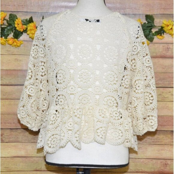 Justfab Ladies S Cream Crochet 3/4 Puff Sleeve Top Cottage Granny Core Boho - Picture 7 of 10